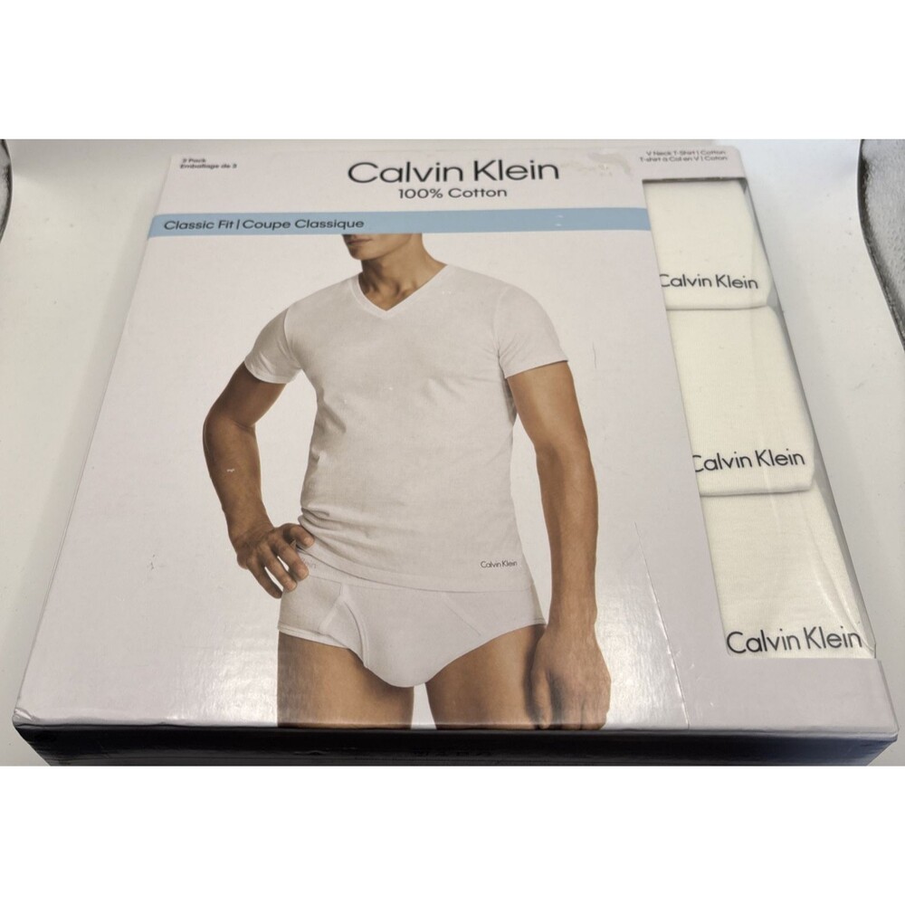 Calvin Klein Mens 3-Pack Classic Fit V-Neck T-Shirts 100% Cotton White Small NIB